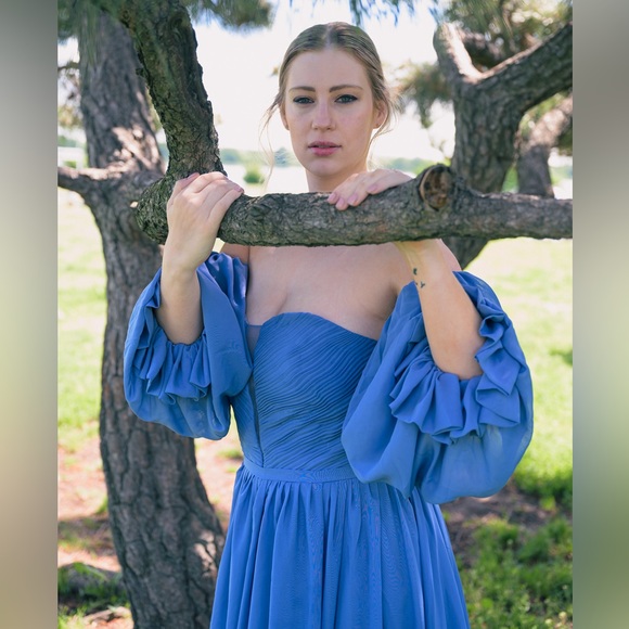 OFF SHOULDER TWO PIECE DETACHED CORSET BLUE PROM PHOTOSHOOT STRAPLESS SLIT DRESS - Picture 10 of 11